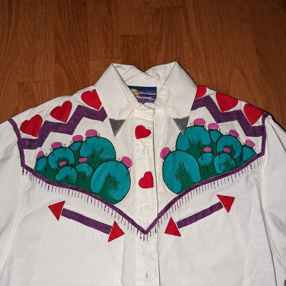 Vintage Cricket by the Creek Hand Painted cactus Dress Shirt Button Up studs - Picture 2 of 6